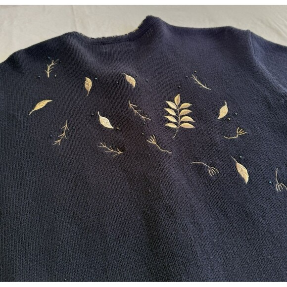 Y2K Christopher Banks Hand Embroidered Navy Gold Leaves Fall Cardigan Sweater XL - Picture 8 of 10